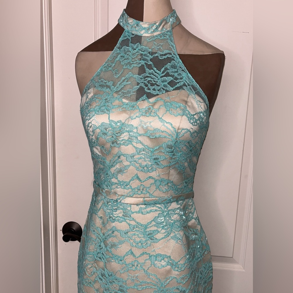 Mint Green Symphony Venus Lace strapless halter top dress